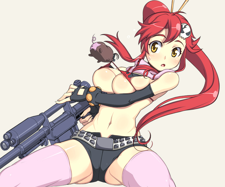 caryo, nanashino, boota (ttgl), yoko littner, tengen toppa gurren lagann, 00s, 1girl, bikini, bikini pull, bikini top lift, bikini top only, breasts, clothes lift, clothes pull, elbow gloves, female focus, fingerless gloves, gloves, gun, large breasts, lifting another's clothes, long hair, ponytail, red hair, rifle, scarf, short shorts, shorts, solo, swimsuit, thighhighs, weapon