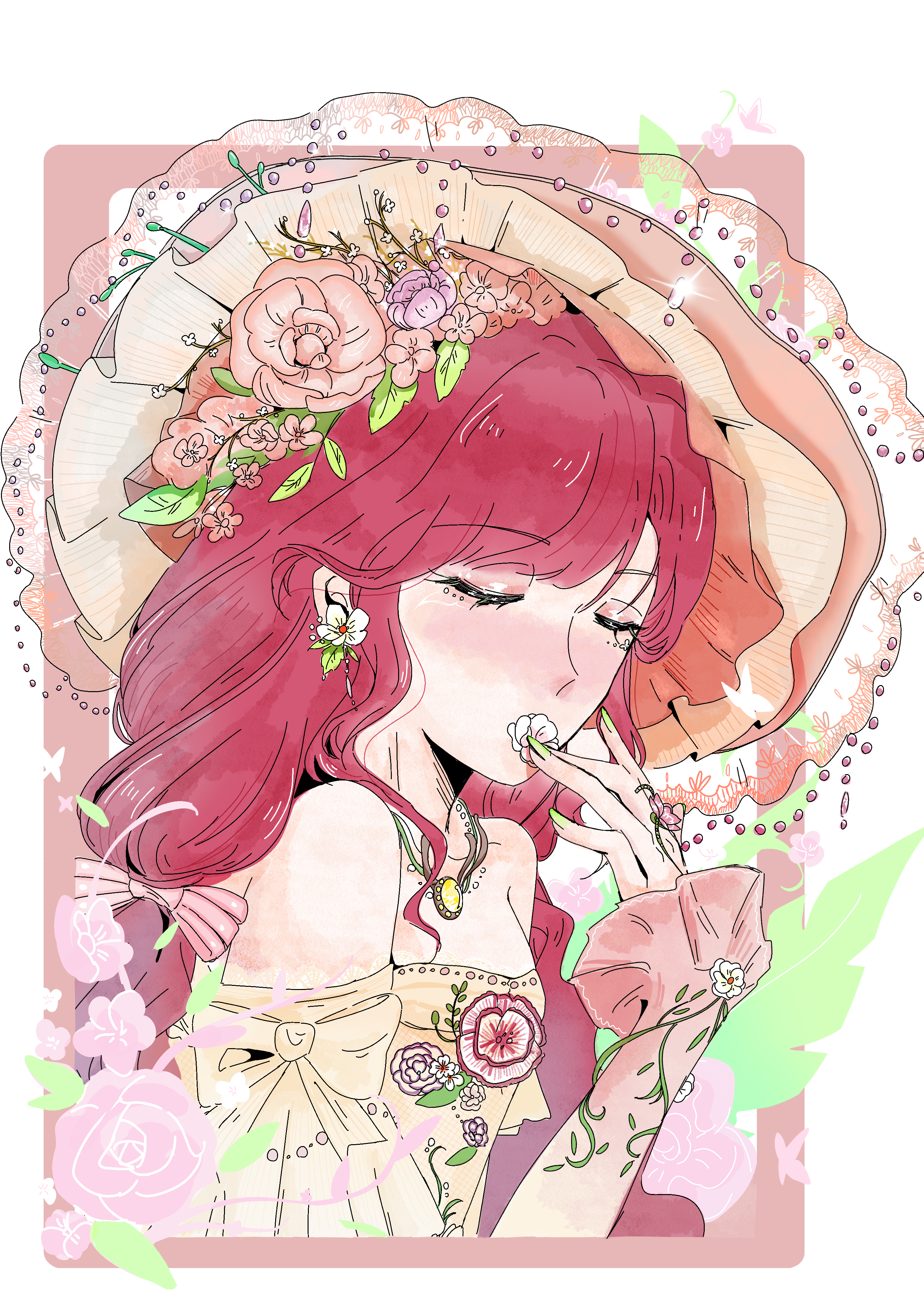 infinity nikki, nikki (series), absurdres, highres, 1girl, bare shoulders, bead necklace, beads, blush, border, bow, closed eyes, cropped torso, dress, earrings, expressionless, eyelashes, eyeshadow, floral background, flower, flower earrings, flower to mouth, frilled headwear, frilled sleeves, frills, gem, gold necklace, gradient sleeves, green nails, hair bow, hair flower, hair ornament, hat, holding, holding flower, jewelry, layered sleeves, leaf, long hair, long sleeves, low twintails, makeup, nail polish, necklace, off-shoulder dress, off shoulder, official alternate color, orange background, orange flower, orange hat, orange sleeves, outside border, pink bow, plant, pointy nose, purple flower, qingming683, rainfall & blossoms (infinity nikki), red eyeshadow, red hair, short over long sleeves, short sleeves, sleeve bow, sleeves past wrists, solo, striped bow, transparent border, twintails, vines, wavy hair, witch, witch hat, yellow bow, yellow dress, yellow gemstone