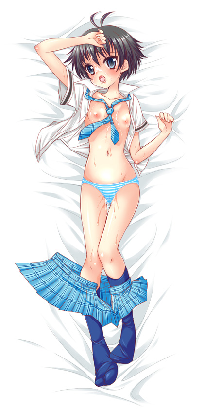 koari, kikuchi makoto, idolmaster, idolmaster (classic), bad id, bad pixiv id, 00s, 1girl, antenna hair, bed, black hair, blue eyes, breasts, clothes pull, cum, cum on body, dakimakura (medium), facial, female focus, flat chest, full body, legs, lying, necktie, nipples, open clothes, open shirt, panties, plaid clothes, plaid skirt, pussy juice, rough time school, school uniform, serafuku, shirt, short hair, skirt, skirt pull, socks, solo, striped clothes, striped panties, underwear
