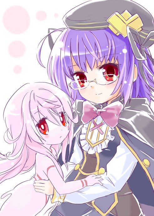 yusa yuyu, emil chronicle online, 2girls, ahoge, beret, black cloak, black dress, black hat, black ribbon, brown dress, cloak, colored skin, dress, glasses, hat, hat ribbon, hug, monster girl, multiple girls, neck ribbon, paracelsus lore, pink skin, purple hair, red eyes, red ribbon, ribbon, shirt, sleeveless, sleeveless dress, slime girl, two-tone dress, white background, white shirt