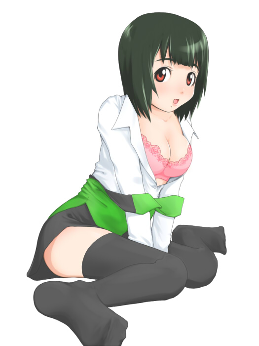 tochiji, otonashi kotori, idolmaster, idolmaster (classic), idolmaster 1, bad id, bad pixiv id, 00s, 1girl, bra, breasts, cleavage, female focus, green hair, large breasts, lingerie, mole, mole under mouth, open clothes, open shirt, red eyes, shirt, short hair, sitting, solo, strap slip, thighhighs, underwear