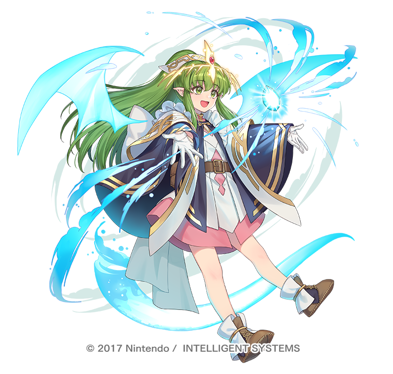 hagiwara rin, tiki (fire emblem), tiki (young) (fire emblem), tiki (young) (legendary dragon) (fire emblem), fire emblem, fire emblem: mystery of the emblem, fire emblem heroes, nintendo, official art, 1girl, attack, cloak, dragonstone, dress, fighting stance, floating, floating object, full body, gem, gloves, green eyes, green hair, headpiece, long hair, looking at viewer, open mouth, pink dress, pointy ears, shoes, sidelocks, simple background, smile, solo, tiara, tiki (young) (legendary dragon) (resplendent) (fire emblem), white background, white gloves, wide sleeves