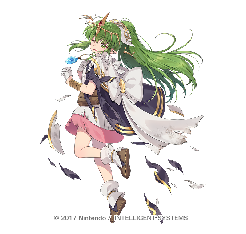 hagiwara rin, tiki (fire emblem), tiki (young) (fire emblem), tiki (young) (legendary dragon) (fire emblem), fire emblem, fire emblem: mystery of the emblem, fire emblem heroes, nintendo, official art, 1girl, cloak, damaged, dragonstone, dress, full body, gem, gloves, green eyes, green hair, headpiece, jewelry, long hair, looking at viewer, necklace, one eye closed, open mouth, pink dress, pointy ears, shoes, sidelocks, simple background, solo, tiara, tiki (young) (legendary dragon) (resplendent) (fire emblem), torn clothes, white background, white gloves, wide sleeves