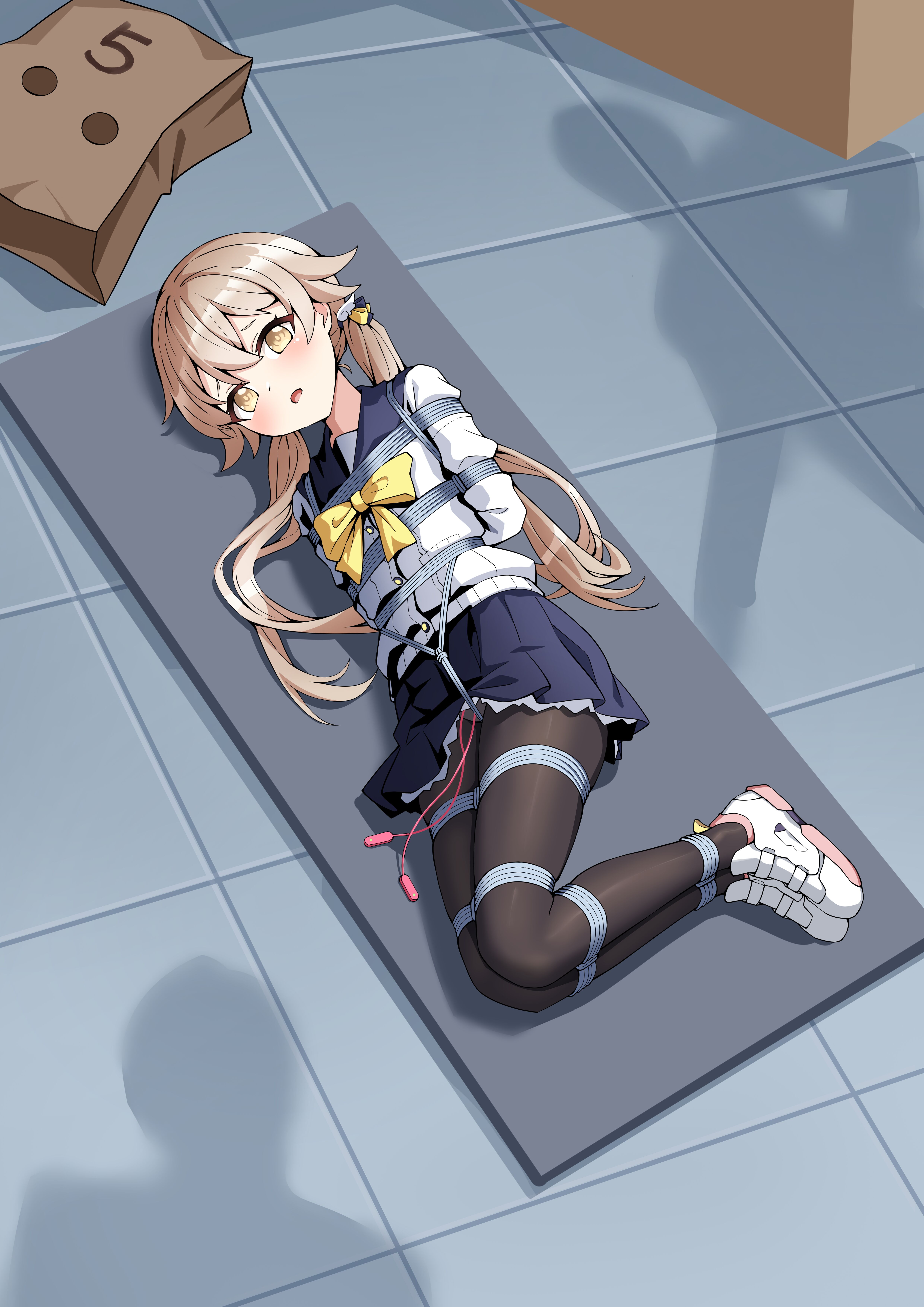 t zhonglang, faust (blue archive), hifumi (blue archive), blue archive, absurdres, chinese commentary, commentary request, commission, highres, 1girl, 2others, arms behind back, bag, bdsm, black pantyhose, blonde hair, bondage, bound, bound legs, box tie, cardigan, crotch rope, egg vibrator, flat chest, from above, long hair, looking at viewer, low twintails, lying, mask, multiple others, neckerchief, on side, open mouth, pantyhose, paper bag, restrained, sailor collar, school uniform, sex toy, shadow, shibari, shibari over clothes, shoes, skindentation, sneakers, solo focus, tile floor, tiles, twintails, unworn mask, very long hair, vibrator, yellow neckerchief