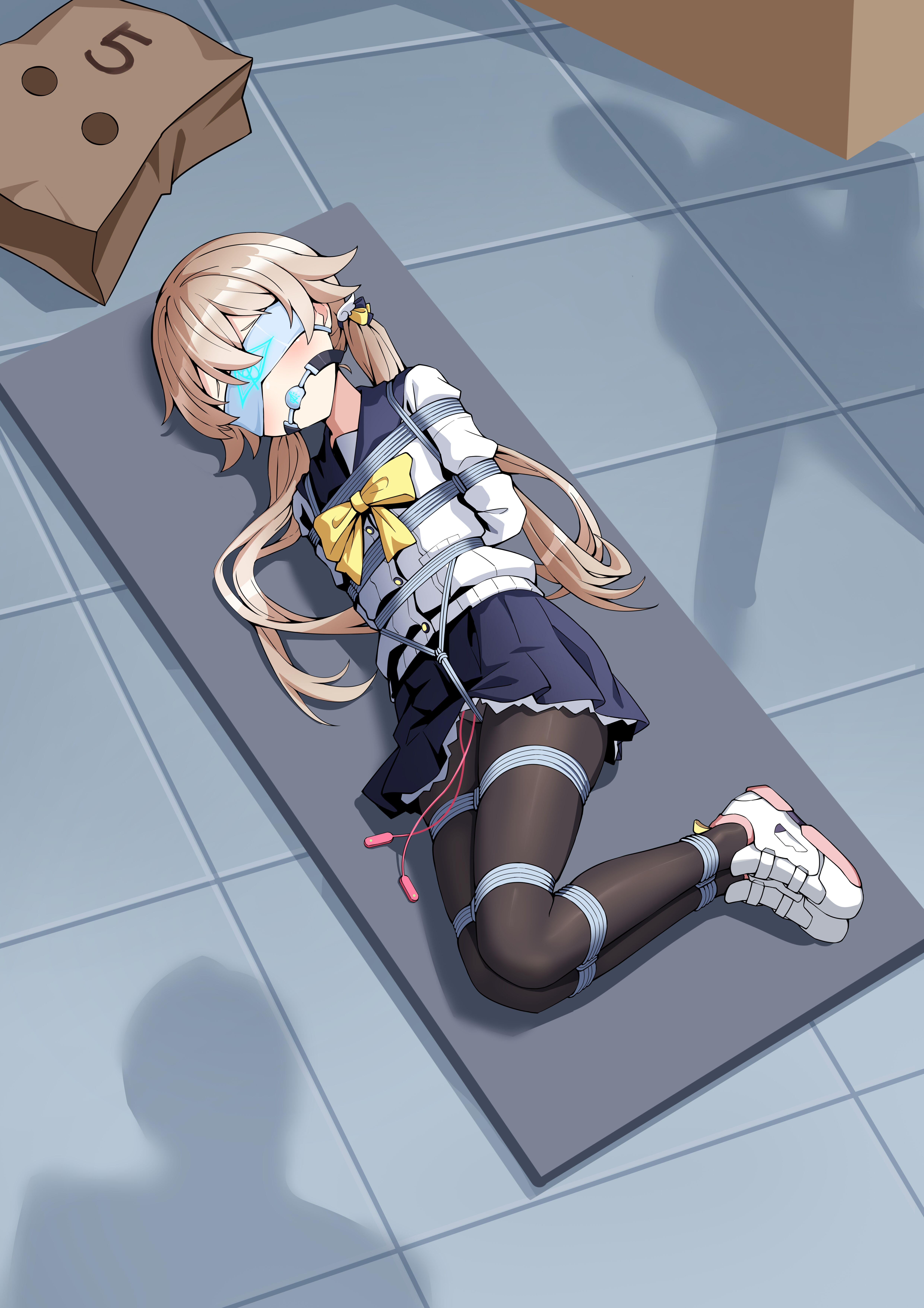 t zhonglang, faust (blue archive), hifumi (blue archive), blue archive, absurdres, chinese commentary, commentary request, commission, highres, 1girl, 2others, arms behind back, bag, ball gag, bdsm, black pantyhose, blindfold, blonde hair, bondage, bound, bound legs, box tie, cardigan, crotch rope, flat chest, from above, gag, gagged, long hair, low twintails, lying, mask, multiple others, neckerchief, on side, open mouth, pantyhose, paper bag, restrained, sailor collar, school uniform, shadow, shibari, shibari over clothes, shoes, skindentation, sneakers, solo focus, tile floor, tiles, twintails, unworn mask, very long hair, yellow neckerchief