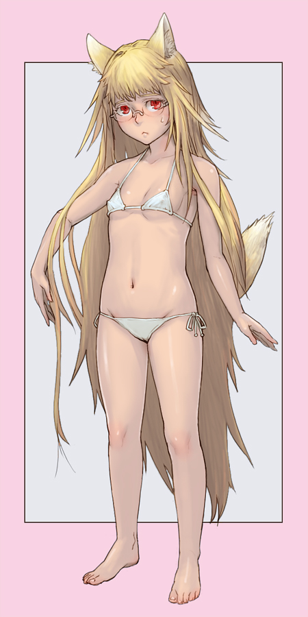 maruyama rui, original, 1girl, animal ears, barefoot, bikini, blonde hair, blush, female focus, flat chest, fox ears, fox tail, glasses, long hair, red eyes, side-tie bikini bottom, solo, swimsuit, tail, very long hair, white bikini