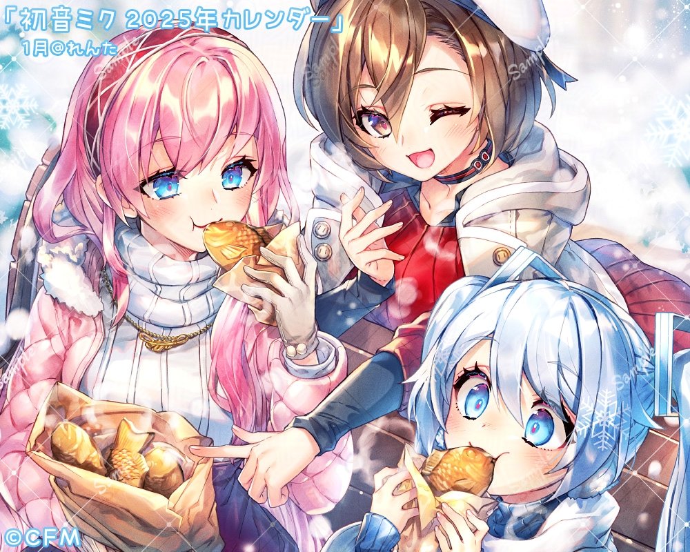 renta (deja-vu), hatsune miku, megurine luka, meiko (vocaloid), yuki miku, yuki miku (2011), vocaloid, 3girls, aqua hair, bench, blue eyes, blush, brown eyes, brown gloves, brown hair, coat, collarbone, eating, food, gloves, hair between eyes, hair ornament, long hair, looking at another, multiple girls, one eye closed, open mouth, pink coat, pink hair, smile, sweater, taiyaki, twintails, very long hair, wagashi, white coat, winter clothes, winter coat, wooden bench