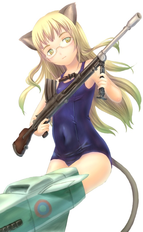 sabamu, perrine h. clostermann, strike witches, world witches series, 00s, 1girl, animal ears, blonde hair, female focus, glasses, gun, long hair, one-piece swimsuit, school swimsuit, shiny clothes, skindentation, solo, swimsuit, tail, weapon, yellow eyes