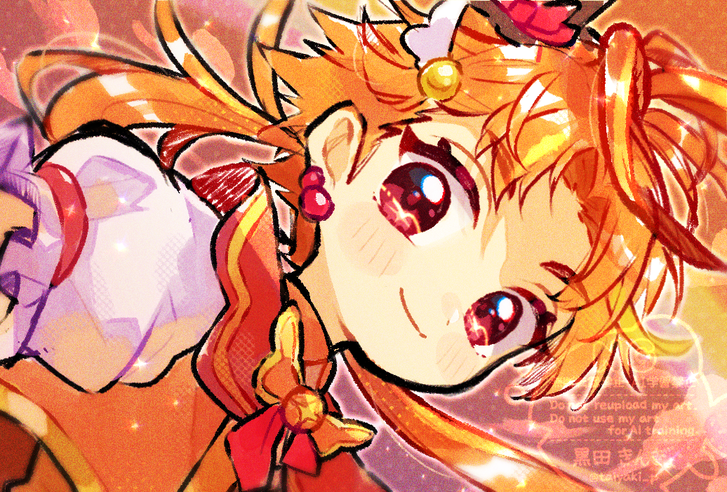 doradorakingyo, cure wing, yuunagi tsubasa, hirogaru sky! precure, precure, commentary, 1boy, blush stickers, bow, bowtie, closed mouth, hair ornament, long hair, looking at viewer, magical boy, male focus, orange background, orange hair, orange vest, portrait, red eyes, shirt, short sleeves, smile, solo, vest, watermark, white shirt, wing hair ornament, yellow bow, yellow bowtie