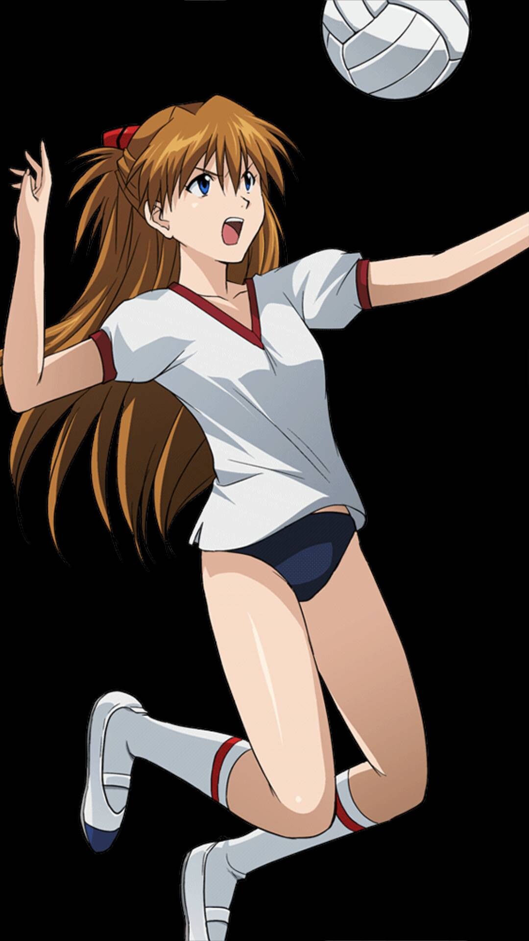 souryuu asuka langley, neon genesis evangelion, artist request, commentary, commentary request, highres, official art, 1girl, ball, black background, blue buruma, blue eyes, breasts, brown hair, buruma, hair between eyes, hair ornament, interface headset (evangelion), long hair, looking up, medium breasts, official alternate costume, open mouth, shirt, simple background, solo, sportswear, volleyball, volleyball (object), volleyball uniform, white shirt