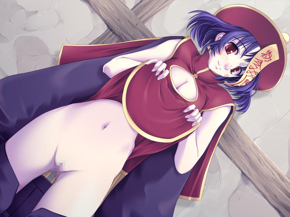 hsien-ko, capcom, darkstalkers, 1girl, censored, china dress, chinese clothes, cleavage cutout, clothes lift, clothing cutout, dress, dress lift, female focus, jiangshi, no panties, purple hair, pussy, red eyes, short hair, solo