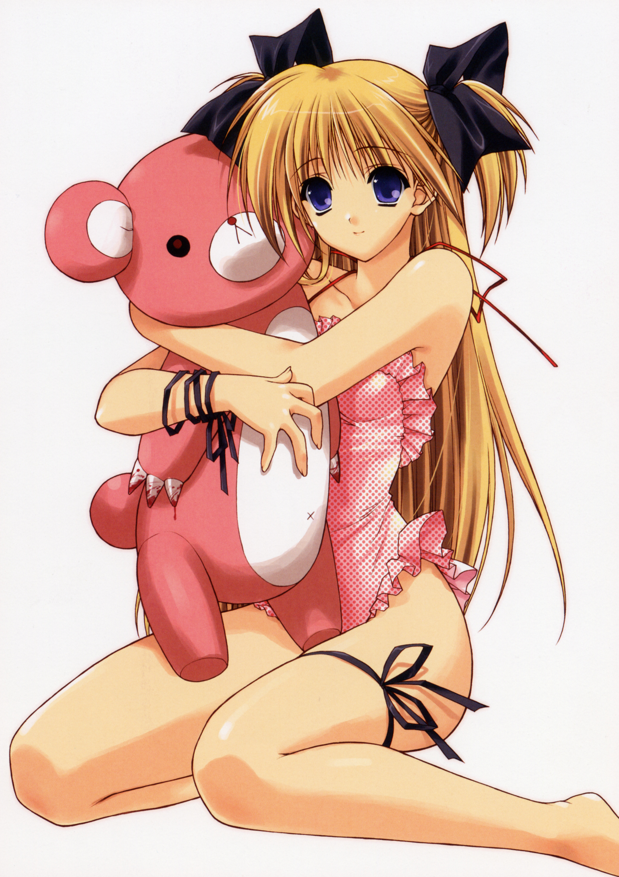 suzuhira hiro, original, absurdres, highres, 1girl, blonde hair, blue eyes, female focus, hair ribbon, long hair, ribbon, solo, stuffed animal, stuffed toy, teddy bear