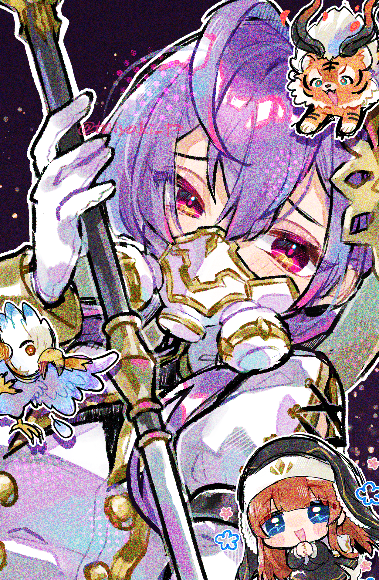 doradorakingyo, esperanza (shadowverse), shadowverse, shadowverse: worlds beyond, character request, commentary request, highres, 2girls, :d, bird, black dress, black veil, blue eyes, blunt bangs, blush stickers, chibi, double-parted bangs, dress, gloves, hair between eyes, holding, holding staff, long hair, long sleeves, mask, mouth mask, multiple girls, open mouth, orange hair, outline, pink eyes, purple background, purple hair, shirt, smile, staff, tiger, twitter username, veil, white gloves, white outline, white shirt