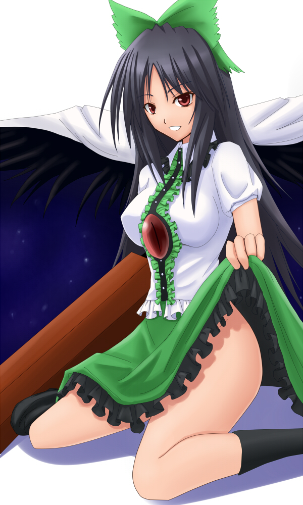 akitsuki karasu, reiuji utsuho, touhou, black legwear, 1girl, breasts, clothes lift, female focus, no panties, sitting, skirt, skirt lift, solo, white background