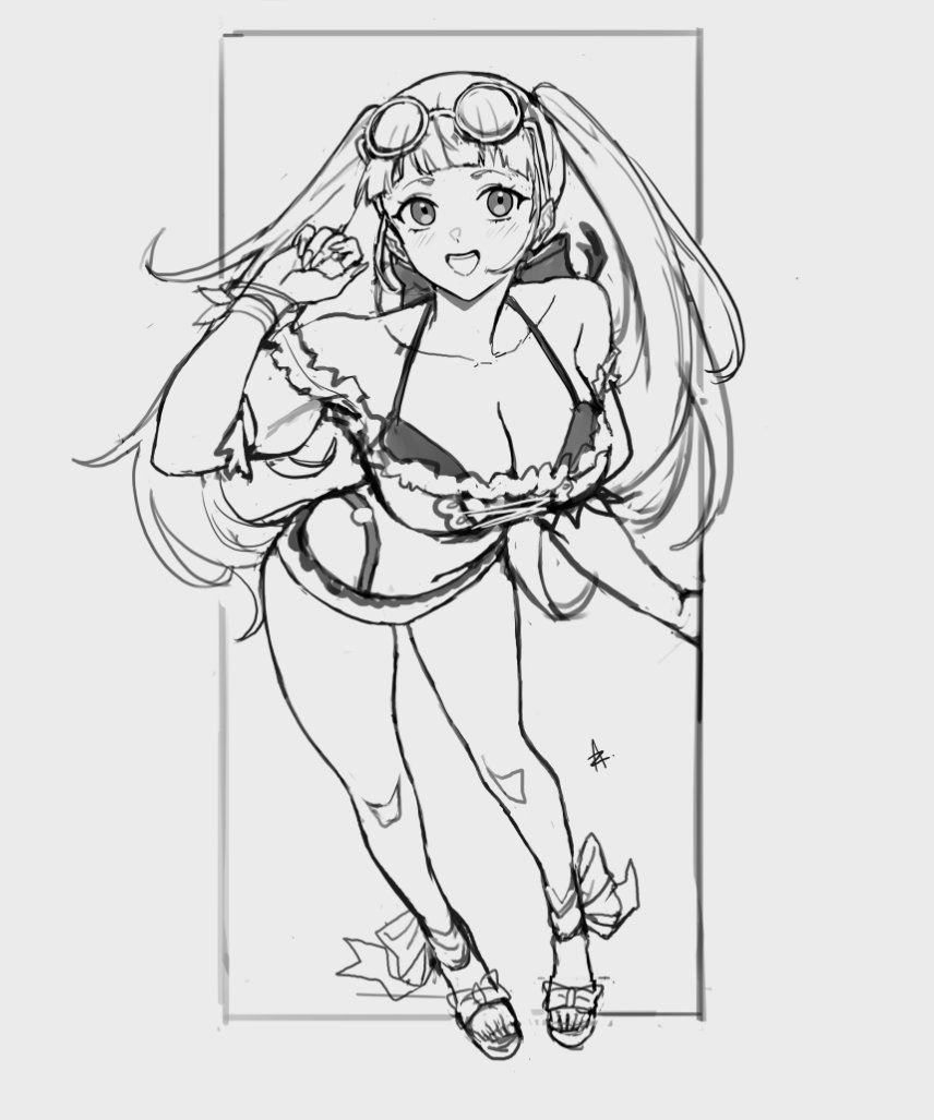 zedoraart, hilda valentine goneril, hilda valentine goneril (summer), fire emblem, fire emblem: three houses, fire emblem heroes, nintendo, commentary, english commentary, 1girl, bare legs, bare shoulders, bikini, breasts, cleavage, collarbone, eyewear on head, greyscale, large breasts, long hair, looking at viewer, monochrome, navel, off-shoulder bikini, off shoulder, official alternate costume, open mouth, sandals, simple background, smile, solo, sunglasses, swimsuit, twintails