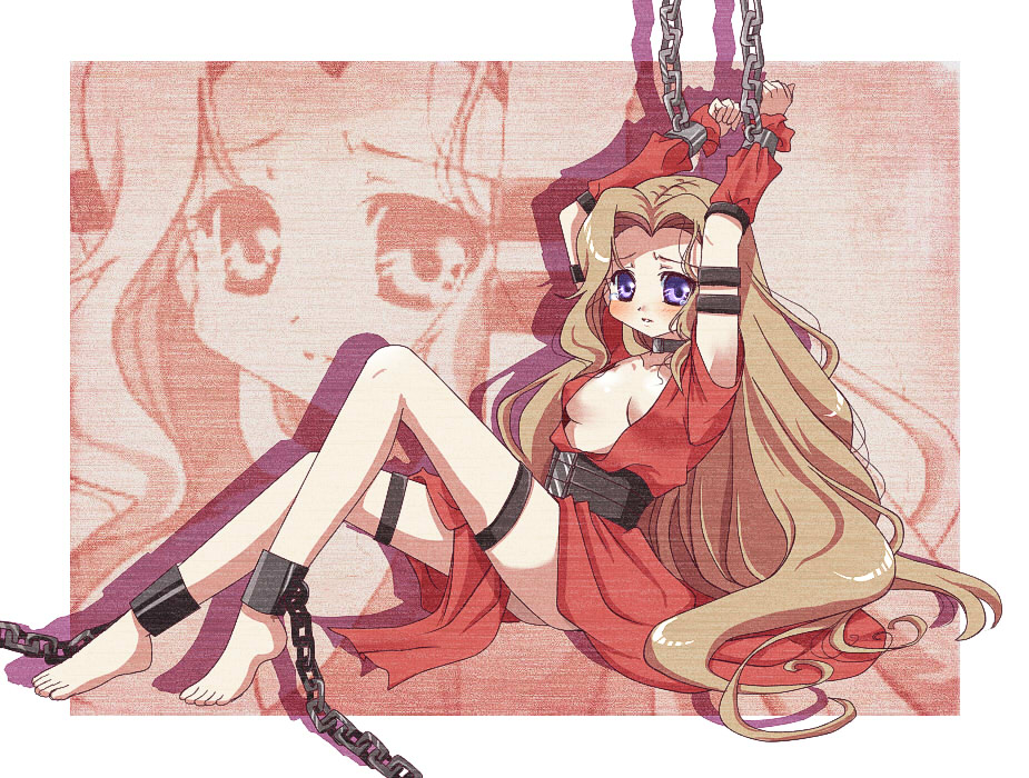 soraneko (artist), nunnally vi britannia, code geass, bad id, bad pixiv id, spoilers, 00s, 1girl, armband, barefoot, bdsm, blue eyes, blush, bondage, bound, breasts, brown hair, chain, cleavage, cuffs, female focus, handcuffs, legband, long hair, no bra, purple eyes, shackles, sideboob, small breasts, solo, tears, thigh strap, very long hair