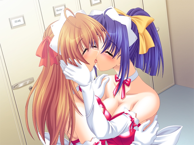shimizu naotaka, imahara shiina, nanase aya (harem&harem), harem&harem, hand on shoulder, game cg, 2girls, bare shoulders, blue hair, blush, bow, bowtie, breasts, brown hair, cleavage, closed eyes, elbow gloves, french kiss, gloves, hand on another's face, hands on another's face, hug, kiss, locker, locker room, long hair, maid, multiple girls, ponytail, saliva, saliva trail, strapless, tongue, waitress, yuri