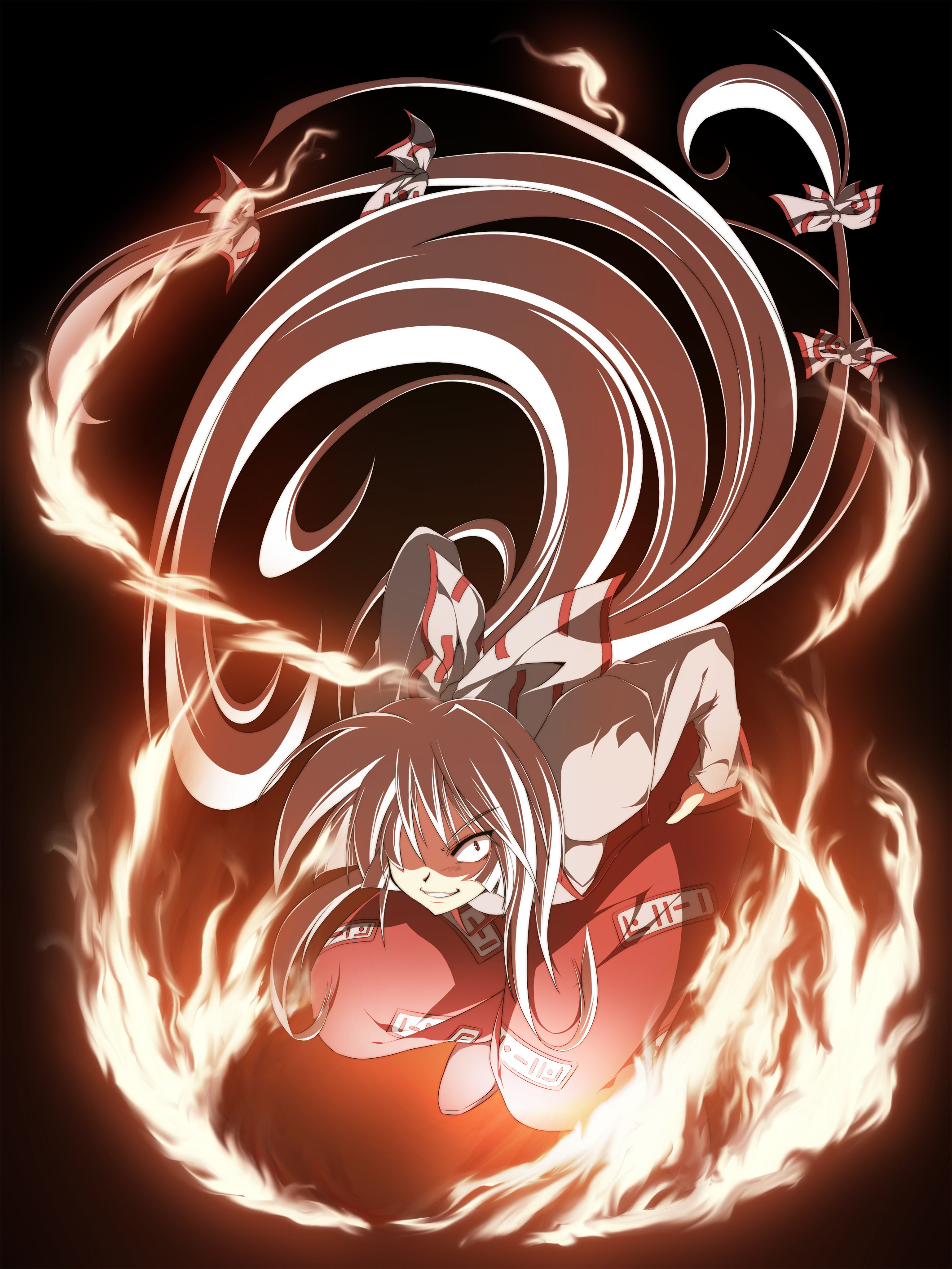 sakurame, fujiwara no mokou, touhou, absurdres, highres, 1girl, bow, crazy eyes, female focus, fire, hair bow, hair over one eye, long hair, solo, very long hair, white hair