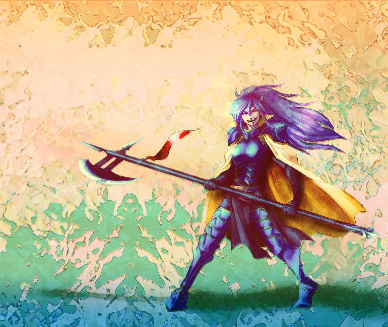 faris scherwiz, warrior (final fantasy), final fantasy, final fantasy v, 1990s (style), 1girl, androgynous, armor, axe, blue hair, cape, female focus, halberd, long hair, polearm, retro artstyle, reverse trap, smile, solo, warrior, weapon
