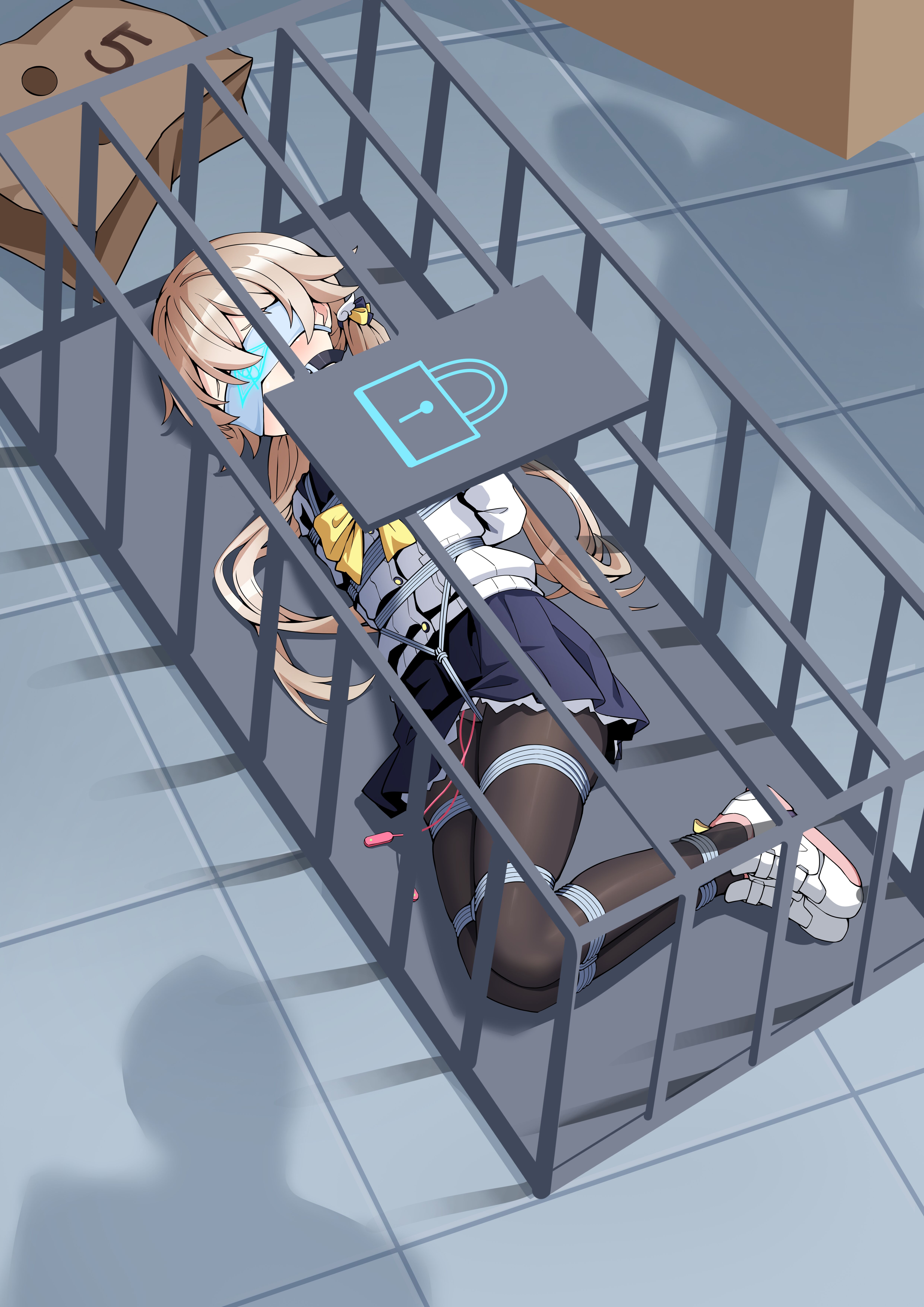 t zhonglang, faust (blue archive), hifumi (blue archive), blue archive, absurdres, chinese commentary, commentary request, commission, highres, 1girl, 2others, arms behind back, bag, ball gag, bdsm, black pantyhose, blindfold, blonde hair, bondage, bound, bound legs, box tie, cage, cardigan, crotch rope, egg vibrator, flat chest, from above, gag, gagged, in cage, long hair, low twintails, lying, mask, multiple others, neckerchief, on side, open mouth, pantyhose, paper bag, restrained, sailor collar, school uniform, sex toy, shadow, shibari, shibari over clothes, shoes, skindentation, sneakers, solo focus, tile floor, tiles, twintails, unworn mask, very long hair, vibrator, yellow neckerchief
