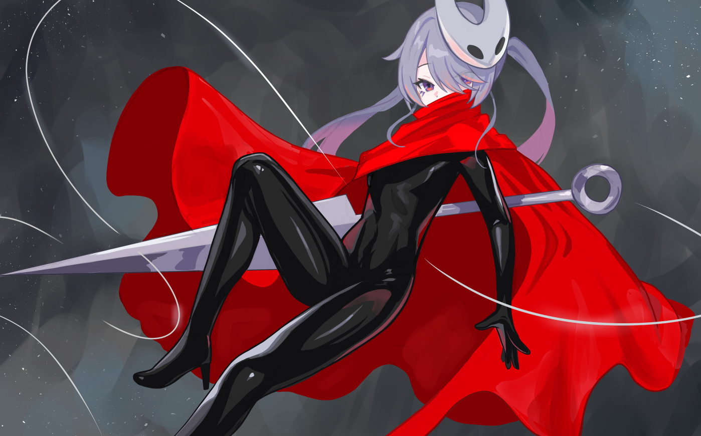 raftetram, hornet (hollow knight), koseki bijou, hollow knight, hollow knight: silksong, hololive, hololive english, 1girl, black bodysuit, bodysuit, cloak, cosplay, covered mouth, grey hair, hair over one eye, high heels, holding, holding weapon, hornet (hollow knight) (cosplay), latex, latex bodysuit, looking at viewer, mask, mask on head, needle (hollow knight), purple eyes, red cloak, shiny clothes, solo, twintails, weapon