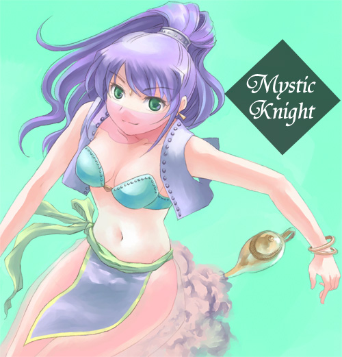 udon (memai no kabe), faris scherwiz, mystic knight, final fantasy, final fantasy v, 1990s (style), 1girl, aqua background, bra, bracelet, breasts, character name, cleavage, female focus, genie, green eyes, jewelry, lamp, lingerie, loincloth, long hair, oil lamp, ponytail, purple hair, retro artstyle, see-through clothes, solo, underwear