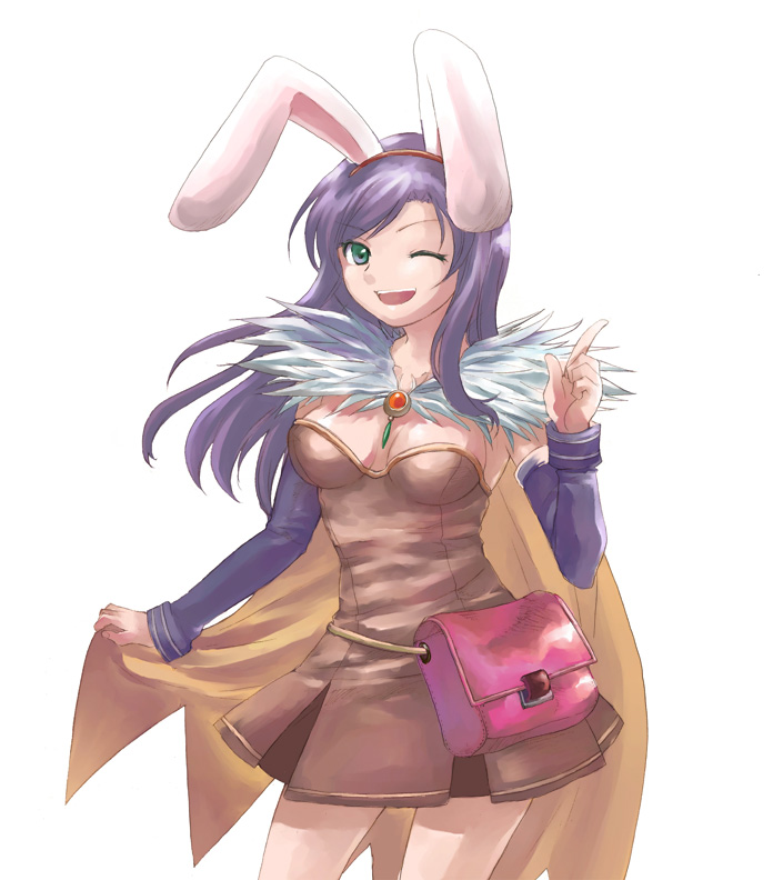 alchemist (ragnarok online), faris scherwiz, final fantasy, final fantasy v, ragnarok online, 1girl, ;d, alchemist, animal ears, armpits, bag, breasts, breasts apart, cleavage, cosplay, cowboy shot, detached sleeves, dress, fake animal ears, female focus, fur trim, green eyes, hairband, happy, index finger raised, jewelry, long hair, looking at viewer, no bra, one eye closed, open mouth, pendant, pleated dress, purple hair, rabbit ears, satchel, short dress, sideboob, simple background, smile, solo, swept bangs