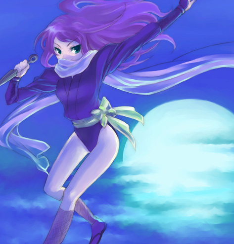 udon (memai no kabe), faris scherwiz, ninja (final fantasy), final fantasy, final fantasy v, lowres, 1990s (style), 1girl, female focus, full moon, green eyes, kunai, long hair, moon, ninja, purple hair, retro artstyle, scarf, solo, weapon
