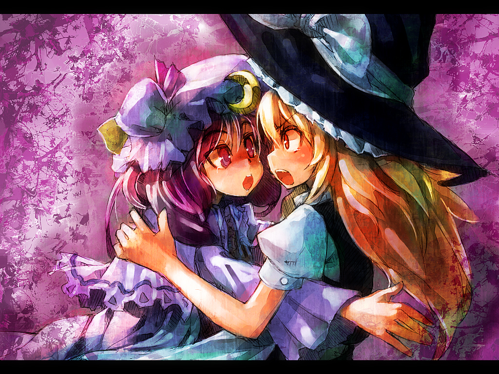ukyo rst, kirisame marisa, patchouli knowledge, touhou, >:o, 2girls, :o, blonde hair, bow, crescent, female focus, hat, hug, letterboxed, long hair, multiple girls, purple background, purple eyes, purple hair, ribbon, surprised, v-shaped eyebrows, witch hat, yellow eyes, yuri