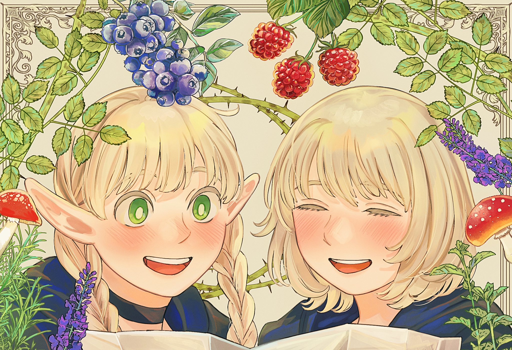 sasakura34, falin touden, falin touden (tallman), marcille donato, dungeon meshi, alt text, commentary request, highres, 2girls, berry, black choker, blonde hair, blue capelet, blueberry, blush, braid, bright pupils, capelet, choker, closed eyes, colored eyelashes, elf, flower, food, fruit, green eyes, grey background, hood, hooded capelet, leaf, long hair, looking down, map, multiple girls, mushroom, open mouth, pointy ears, portrait, purple flower, raspberry, short hair, smile, teeth, thorns, twin braids, upper teeth only, white pupils