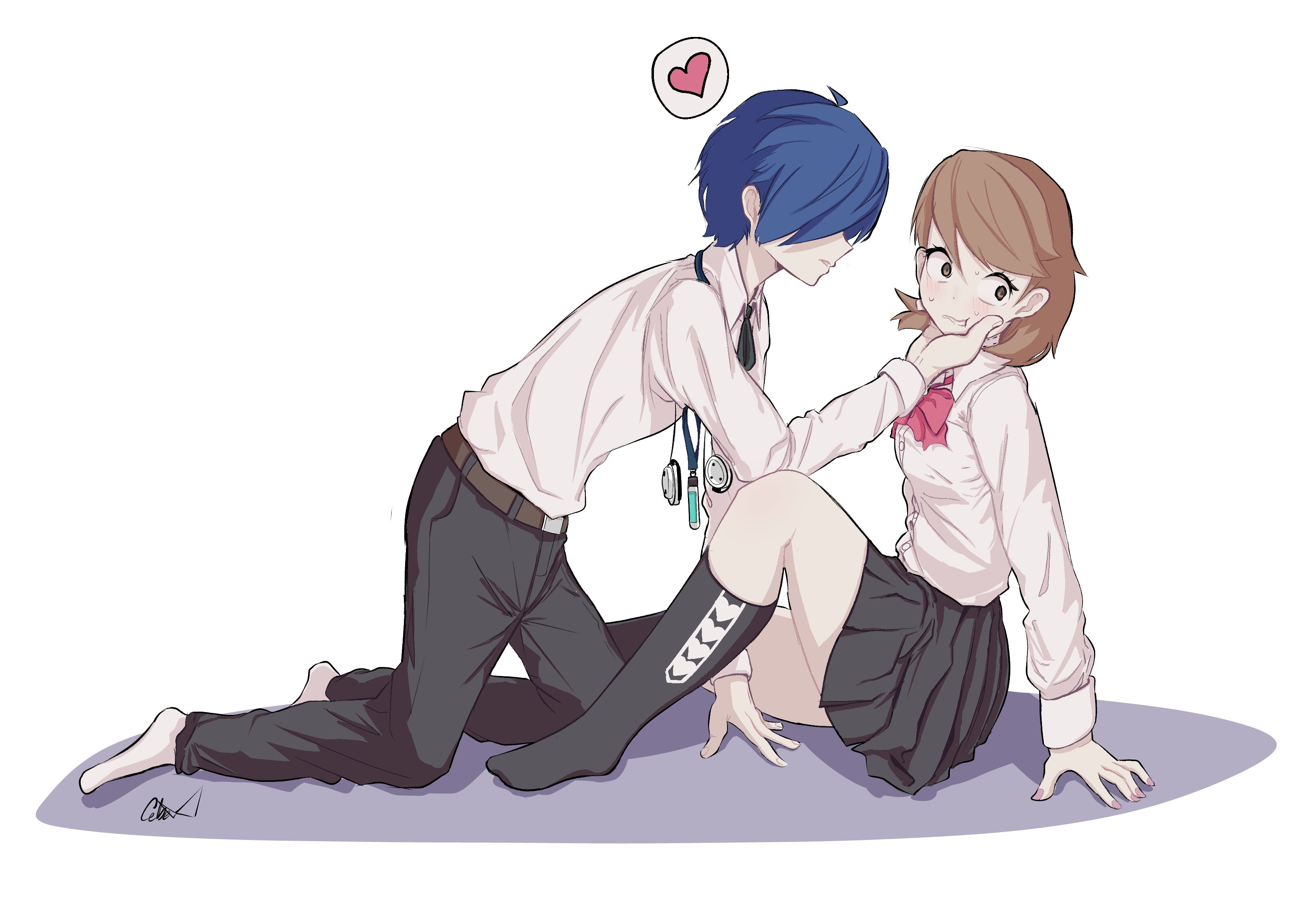 takeba yukari, yuuki makoto (persona 3), persona, persona 3, absurdres, commentary, english commentary, highres, 1boy, 1girl, averting eyes, belt, black pants, black ribbon, black skirt, black socks, blue hair, blush, bow, bowtie, brown eyes, brown hair, cebe, collared shirt, couple, digital media player, digital walkman, earphones removed, flipped hair, from side, gekkoukan high school uniform, hair over one eye, hand on another's chin, heart, heart print, knee up, kneehighs, kneeling, leaning forward, long sleeves, looking at another, miniskirt, neck ribbon, nervous sweating, no shoes, pants, parted lips, pleated skirt, print socks, profile, red bow, red bowtie, ribbon, school uniform, shirt, short hair, signature, simple background, sitting, skirt, socks, spoken heart, sweat, walkman nw-s203f, white background, white shirt, white socks