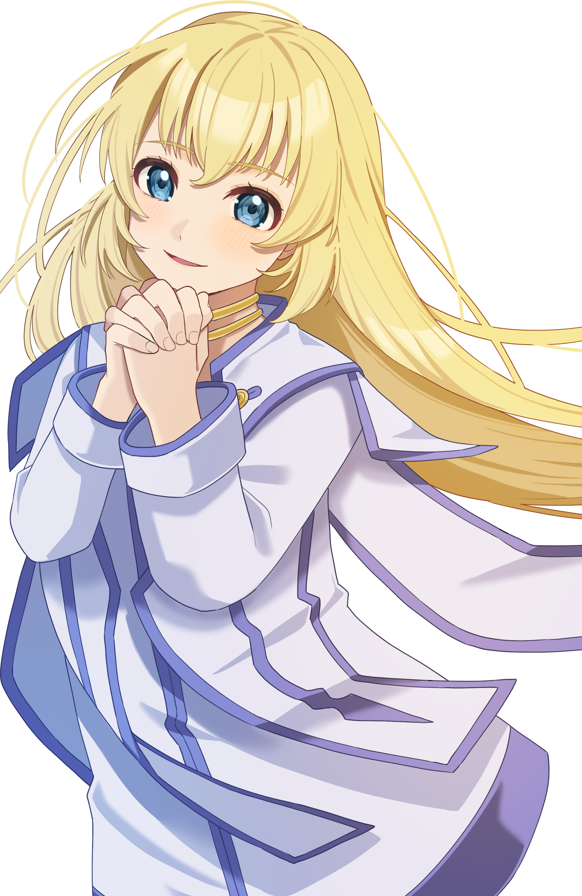colette brunel, tales of (series), tales of symphonia, absurdres, highres, blonde hair, blue eyes, blue trim, dress, floating hair, gold choker, jacket, light blush, long hair, looking at viewer, open mouth, own hands clasped, own hands together, simple background, smile, white background, white dress, white jacket, ydrhn55