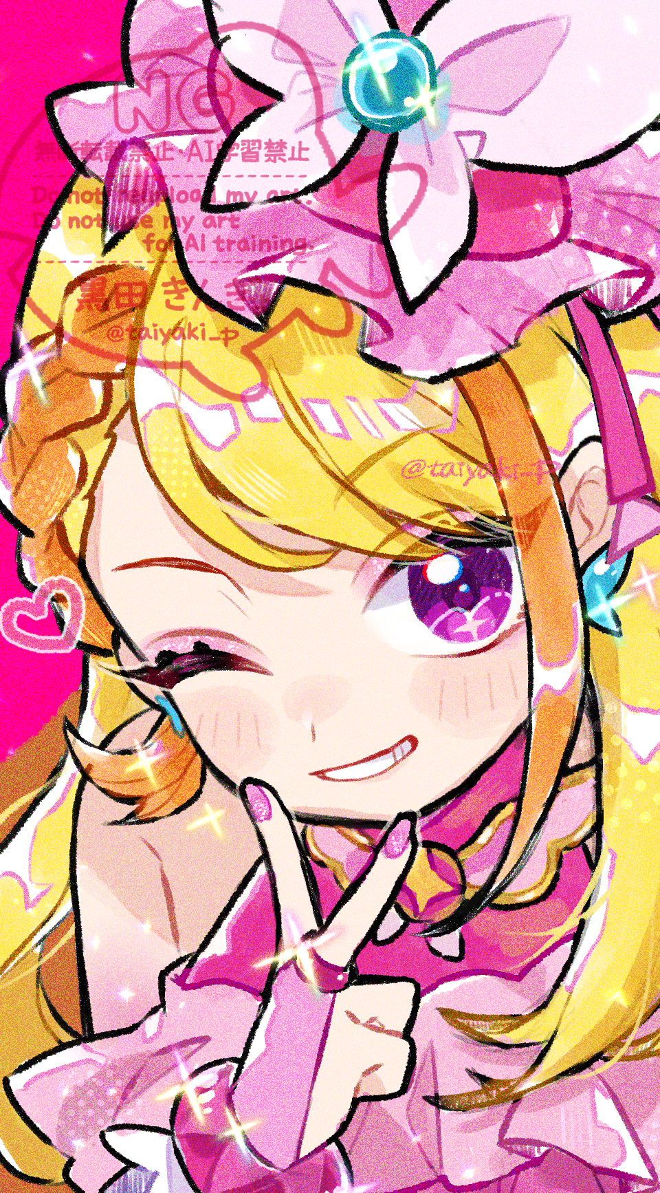 doradorakingyo, cure butterfly, hijiri ageha, hirogaru sky! precure, precure, commentary, highres, 1girl, bare shoulders, blonde hair, blush stickers, dress, grin, hand up, hat, long hair, looking at viewer, nail polish, one eye closed, pink dress, pink hat, pink nails, portrait, purple eyes, simple background, sleeveless, sleeveless dress, smile, solo, v, watermark