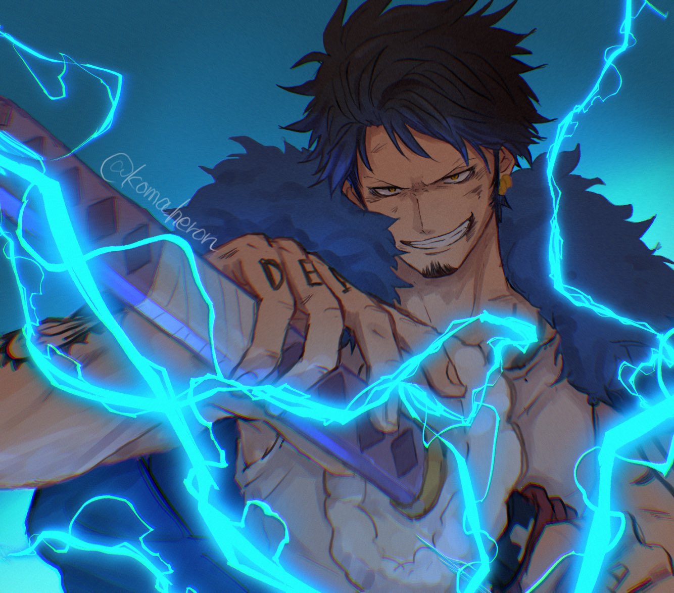 koma heron, trafalgar law, one piece, 1boy, arm tattoo, battle damage, black hair, blue background, chest tattoo, coat, coat on shoulders, electricity, facial hair, fur-trimmed coat, fur trim, gradient hair, grin, hand tattoo, holding, holding sword, holding weapon, male focus, multicolored hair, sheath, sheathed, short hair, smile, solo, sword, tank top, tattoo, twitter username, upper body, weapon, white tank top