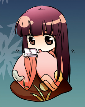 irua, houraisan kaguya, touhou, lowres, 1girl, :o, chibi, female focus, handheld game console, nintendo ds, playing games, solo, video game, wide sleeves