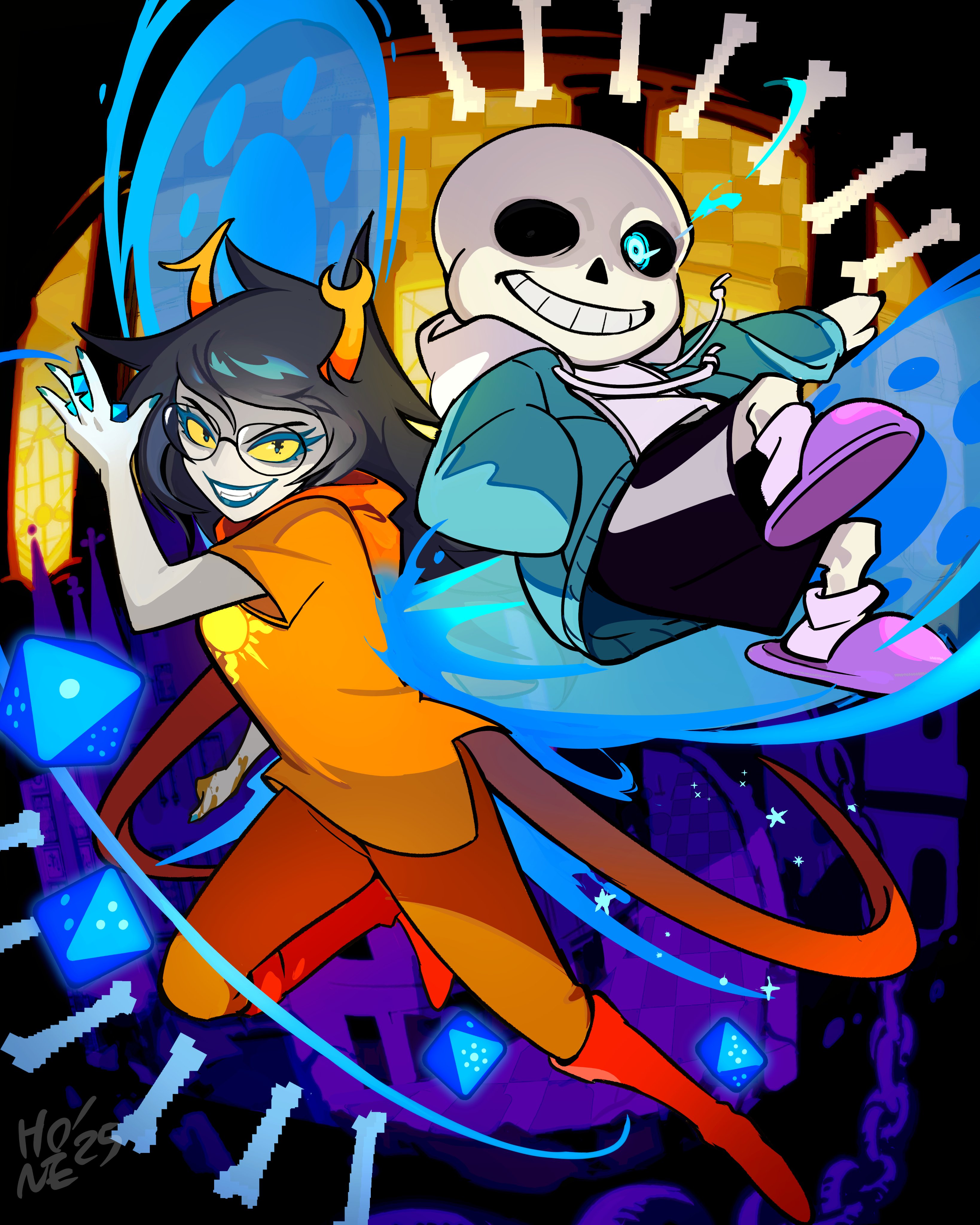 hone (honesk1), sans (undertale), vriska serket, homestuck, undertale, utdr (toby fox), absurdres, commentary, english commentary, highres, 1boy, 1girl, black hair, black shorts, blue eyes, blue jacket, blue lips, blue nails, blue wings, bone, boots, colored eyelashes, colored sclera, crossover, dice, drawstring, full body, god tier (homestuck), hood, hoodie, horns, jacket, long hair, open clothes, open jacket, orange boots, orange hoodie, orange pants, pants, pink slippers, shirt, shorts, signature, skeleton, slippers, socks, troll (homestuck), white shirt, white socks, wings, yellow sclera