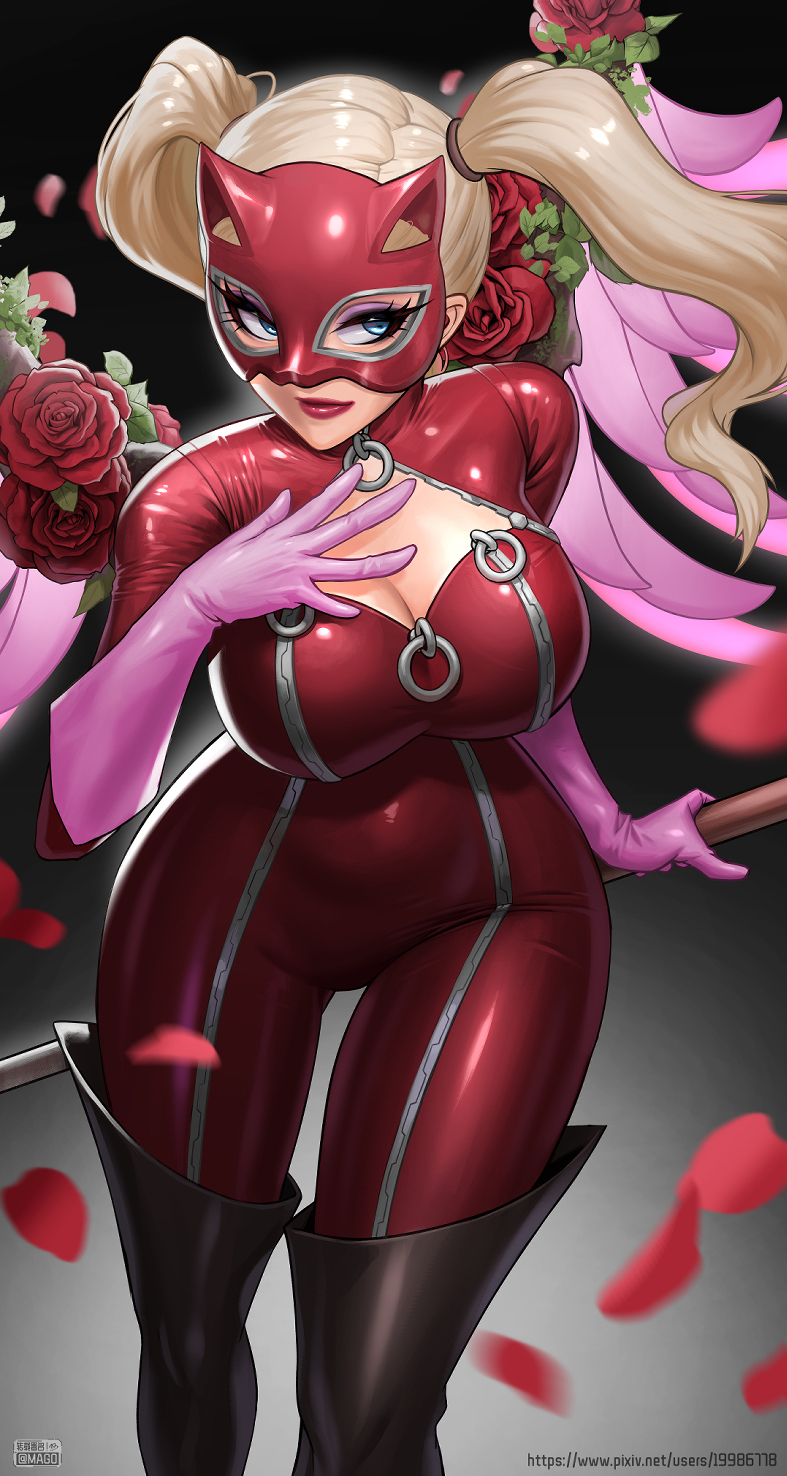 maoge, mercy (overwatch), panther (persona 5), takamaki anne, overwatch, persona, persona 5, highres, 1girl, blonde hair, blue eyes, bodysuit, breasts, cat mask, catsuit, cleavage, full-length zipper, gloves, impossible bodysuit, impossible clothes, impossible leotard, large breasts, latex, leather suit, leotard, lips, long hair, looking at viewer, mask, open bodysuit, open clothes, partially unzipped, pink gloves, red bodysuit, skin tight, smile, twintails, zipper