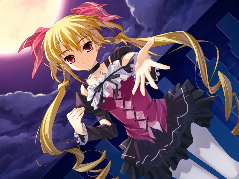 amakura, norita, ellen guydir, kiryuu beniyuki, shinku no chocolate, utsurigi nanakoi tenkiame, yarukibako 2, game cg, 1girl, balcony, bare shoulders, blonde hair, breasts, choker, cloud, cowboy shot, cross-laced clothes, detached sleeves, drill hair, dutch angle, female focus, foreshortening, frills, full moon, hair ribbon, hair tubes, head tilt, layered skirt, light smile, long hair, looking at viewer, moon, night, night sky, outdoors, outstretched arm, outstretched hand, pantyhose, pink eyes, quad tails, railing, red eyes, ribbon, sidelocks, skirt, sky, small breasts, smile, solo, twintails, very long hair, white pantyhose