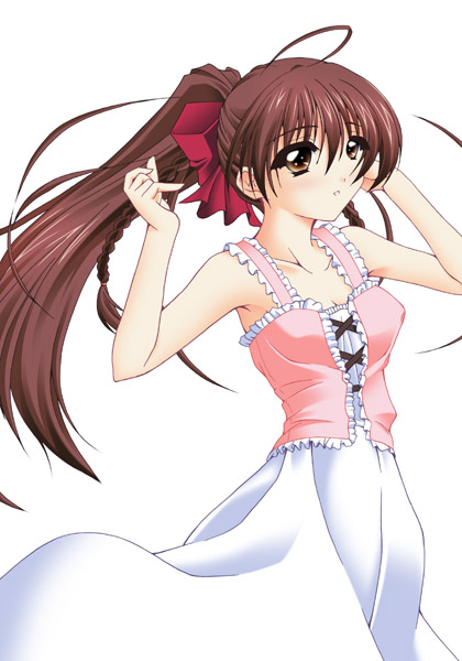 karen (sister princess), sister princess, non-web source, 00s, 1girl, bad anatomy, braid, brown eyes, brown hair, female focus, frills, long hair, ponytail, poorly drawn, solo, twin braids
