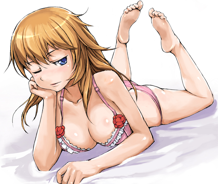kawa akira, charlotte e. yeager, strike witches, world witches series, toe-point, bad id, bad pixiv id, 00s, 1girl, ass, barefoot, blue eyes, bra, breasts, butt crack, cleavage, feet, female focus, large breasts, lingerie, long hair, lowleg, lowleg panties, lying, one eye closed, orange hair, panties, soles, solo, underwear, underwear only, wink