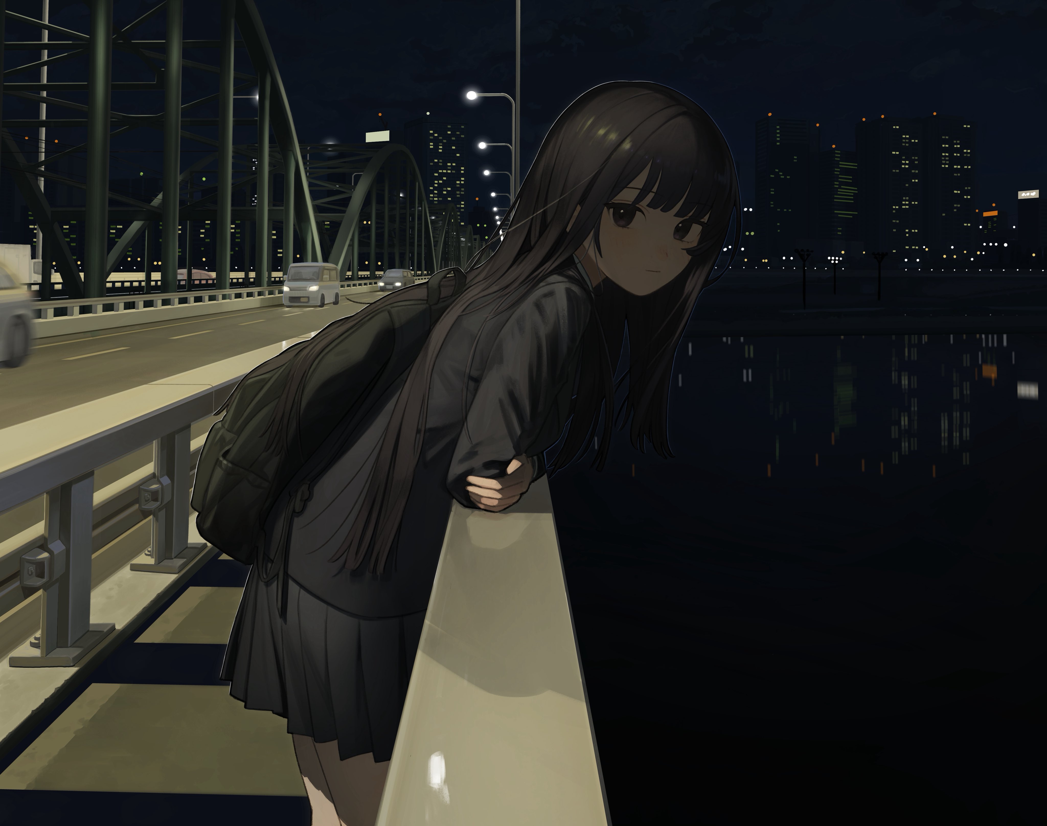 aspara, original, 1girl, backpack, bag, black eyes, black hair, bridge, closed mouth, expressionless, lamppost, looking at viewer, night, photo background, reflection, reflective water, river, road, school uniform, solo