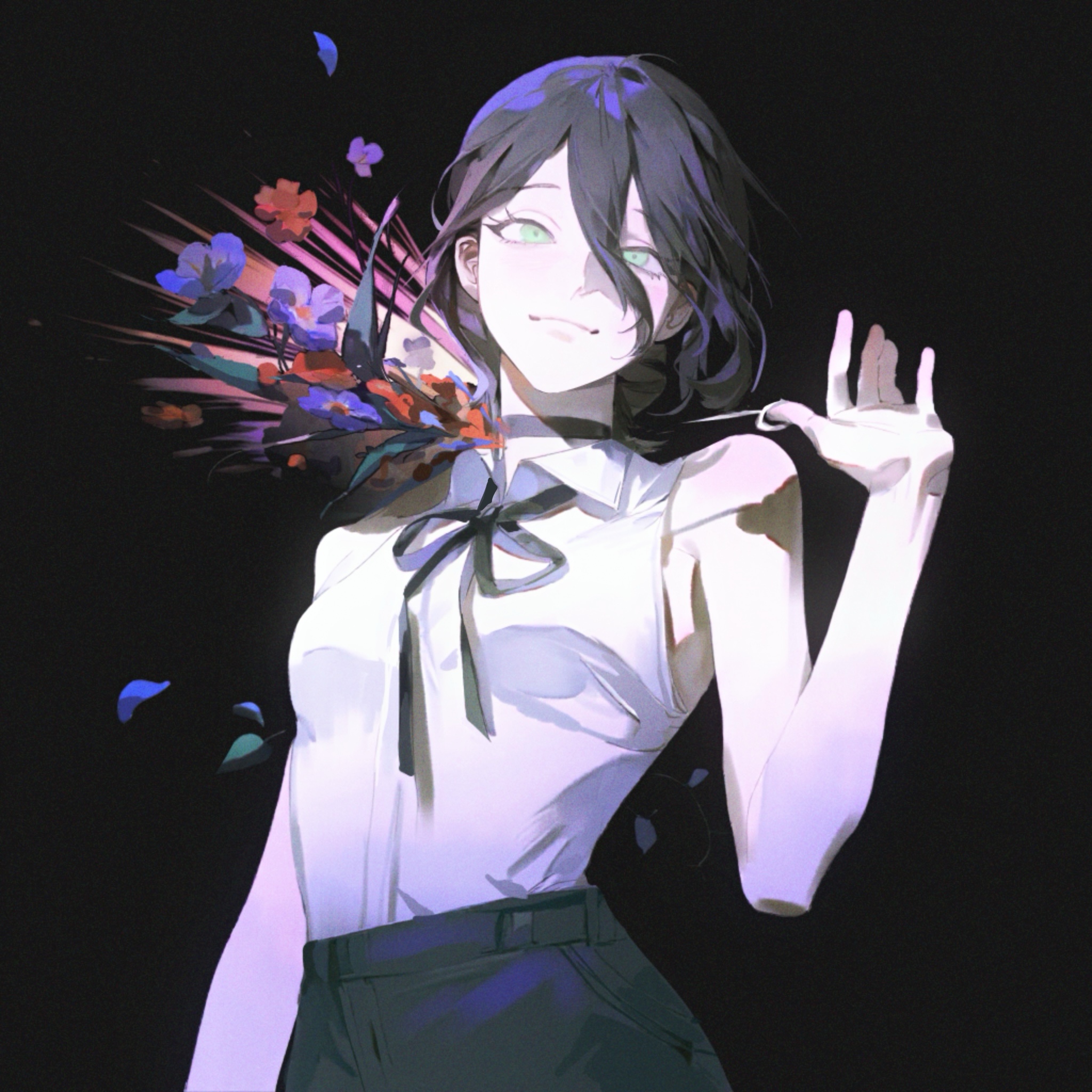 shouka (ly880217), reze (chainsaw man), chainsaw man, commentary, english commentary, highres, 1girl, black background, black choker, black ribbon, black shorts, blue flower, choker, collared shirt, falling leaves, falling petals, flower, green eyes, grenade pin, hair between eyes, leaf, looking at viewer, neck ribbon, petals, purple flower, red flower, ribbon, shirt, shorts, simple background, sleeveless, sleeveless shirt, smile, solo, white shirt