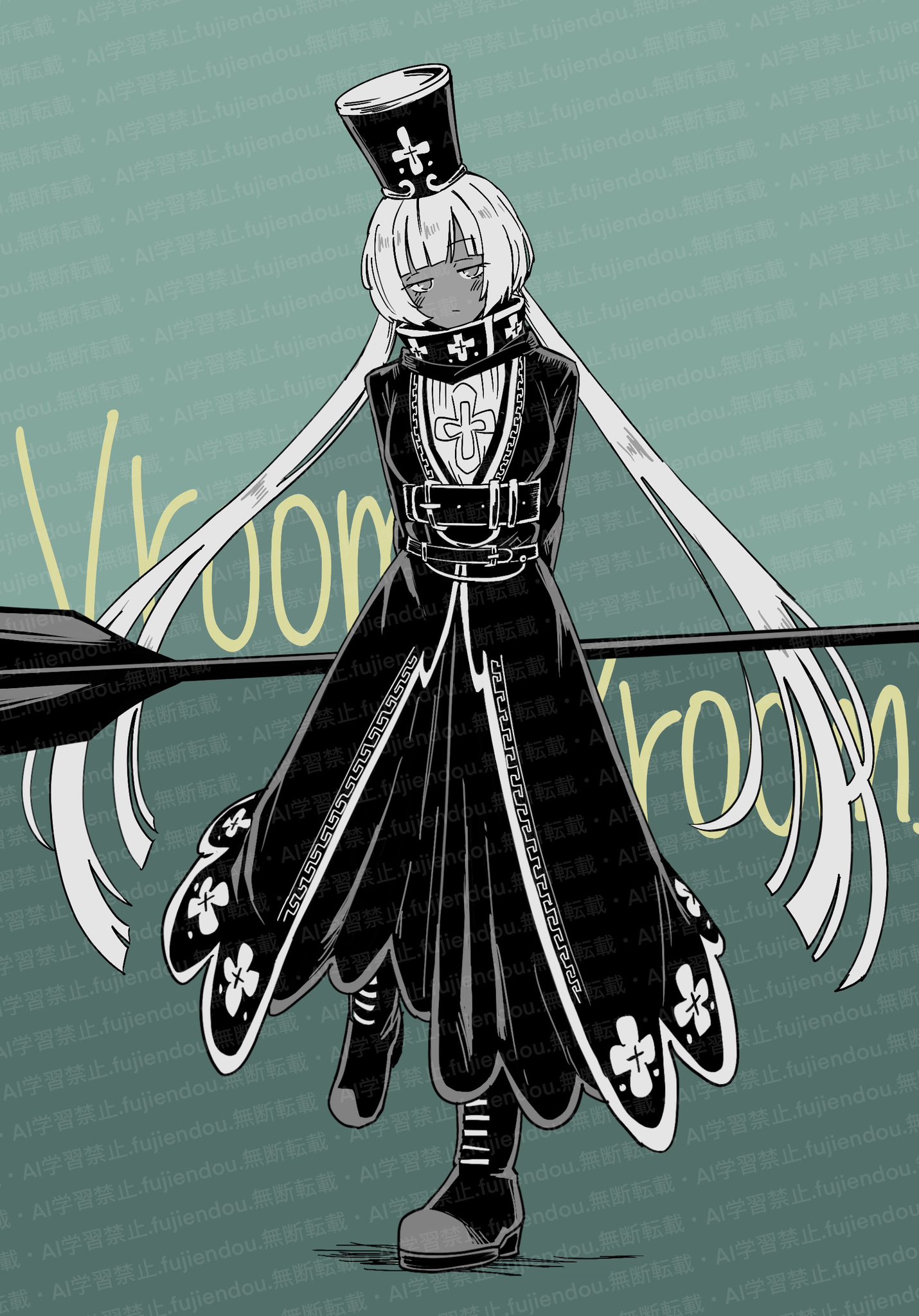 fujiendou, charon (project moon), limbus company, project moon, highres, 1girl, black coat, black hat, black shoes, coat, full body, green background, grey eyes, greyscale with colored background, hat, holding, holding oar, long hair, long sleeves, looking at viewer, low twintails, oar, shako cap, shirt, shoes, simple background, solo, standing, twintails, white hair, white shirt