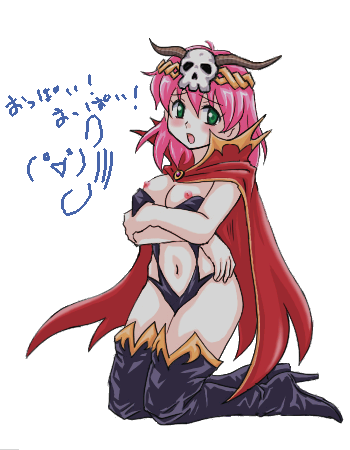ottosei, lenna charlotte tycoon, necromancer (final fantasy), final fantasy, final fantasy v, artist request, lowres, translation request, 1990s (style), 1girl, blush, boots, breasts, cape, female focus, full body, green eyes, necromancer, nipples, open mouth, oppai oppai, pink hair, retro artstyle, simple background, solo, thigh boots, thighhighs