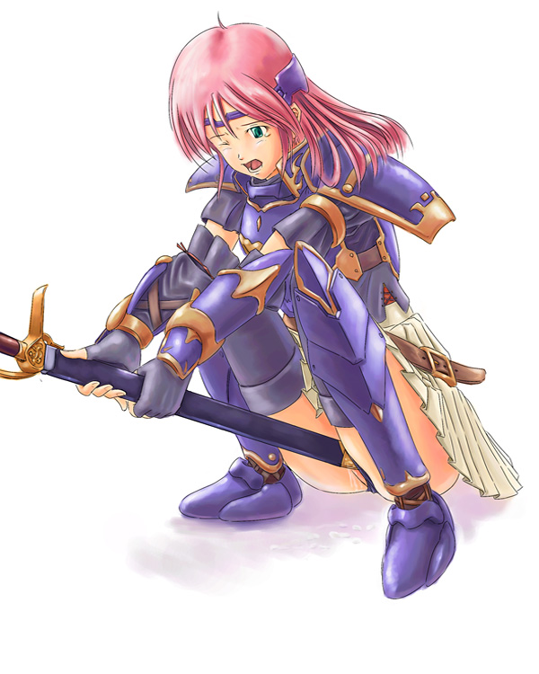lenna charlotte tycoon, final fantasy, final fantasy v, 1990s (style), 1girl, armor, crotch rub, female focus, female masturbation, green eyes, knight, long hair, masturbation, pink hair, pussy, retro artstyle, solo, sword, thighhighs, weapon