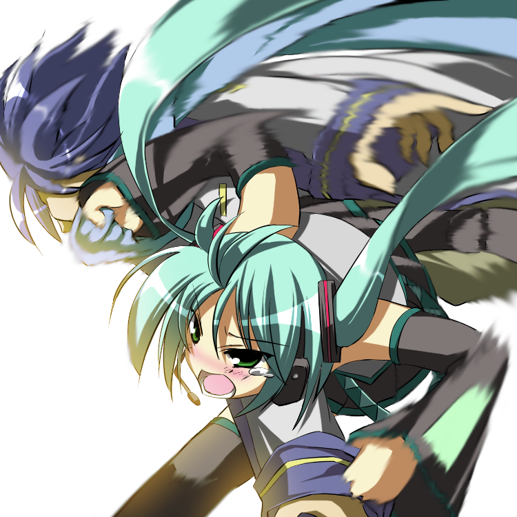 sakurame, hatsune miku, kaito (vocaloid), vocaloid, bad id, bad pixiv id, 1boy, 1girl, aqua hair, black thighhighs, blue hair, blue scarf, blush, detached sleeves, green eyes, headset, holding another's wrist, long hair, motion blur, open mouth, punching, scarf, short hair, tears, thighhighs, twintails, very long hair