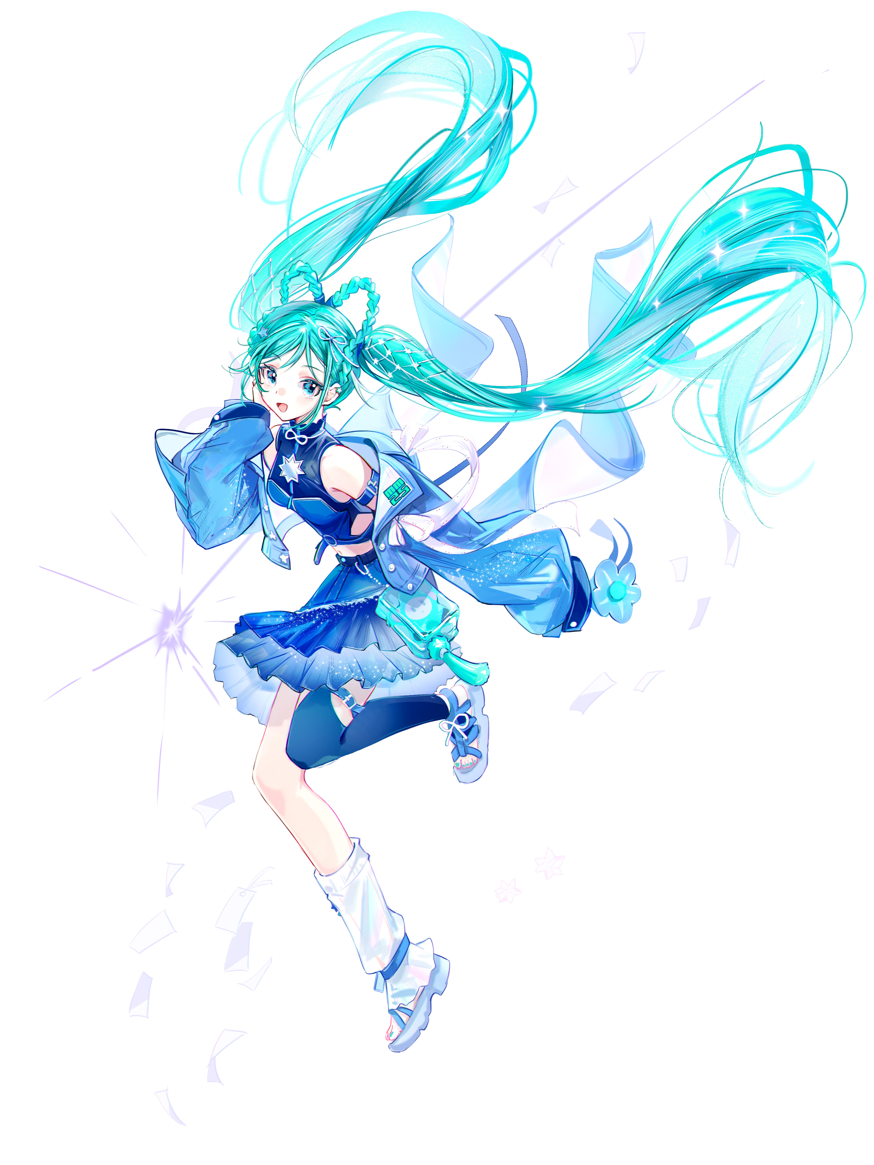 zhongji yaoguai, hatsune miku, magical mirai miku, magical mirai miku (2025), magical mirai (vocaloid), vocaloid, absurdres, highres, 1girl, aqua hair, blue eyes, blue jacket, blue skirt, blue thighhighs, blush, braid, braided hair rings, breasts, hair ornament, hair rings, hand on own cheek, hand on own face, jacket, long hair, long sleeves, looking at viewer, medium breasts, official alternate costume, official alternate hairstyle, open clothes, open jacket, open mouth, sandals, shirt, simple background, skirt, sleeveless, sleeveless shirt, smile, solo, star (symbol), star hair ornament, thighhighs, very long hair, white background