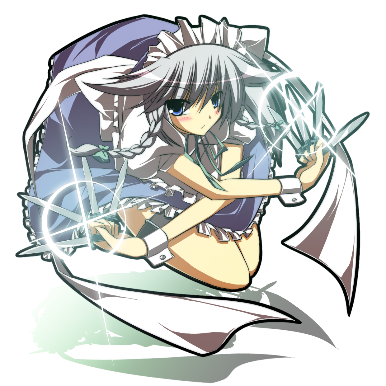 sakurame, izayoi sakuya, touhou, silver hair, highres, 1girl, between fingers, blue eyes, blush, braid, female focus, glint, holding, jumping, knife, maid, maid headdress, short hair, simple background, solo, twin braids, wrist cuffs, x arms