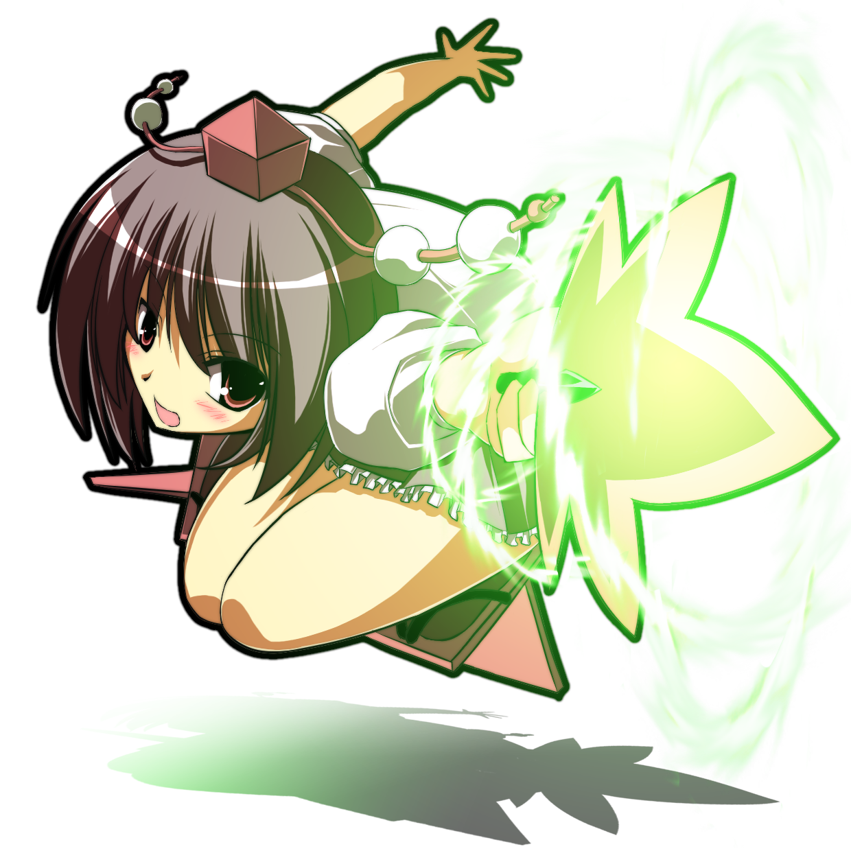 sakurame, shameimaru aya, touhou, highres, 1girl, black hair, female focus, flying, foreshortening, geta, glowing, hand fan, hat, red eyes, shadow, short hair, solo, tengu-geta, wind