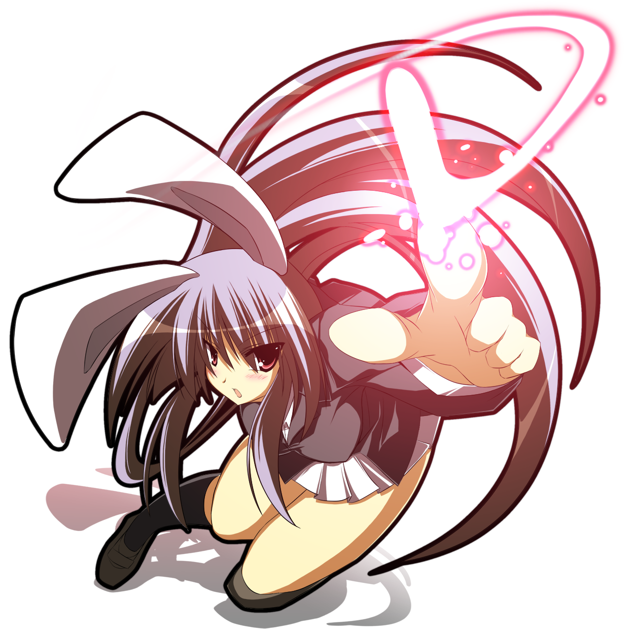 sakurame, reisen udongein inaba, touhou, highres, 1girl, animal ears, female focus, foreshortening, glowing, long hair, pointing, purple hair, rabbit ears, red eyes, shadow, simple background, solo